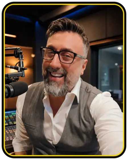 Max Poli nello studio radiofonico