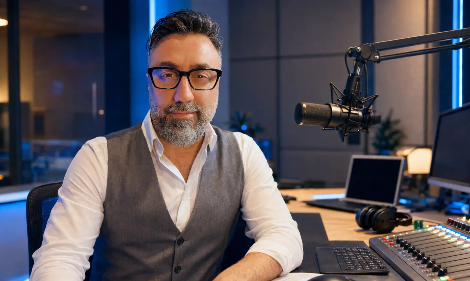 Max Poli sorridente in uno studio radiotelevisivo invita a mettersi in contatto